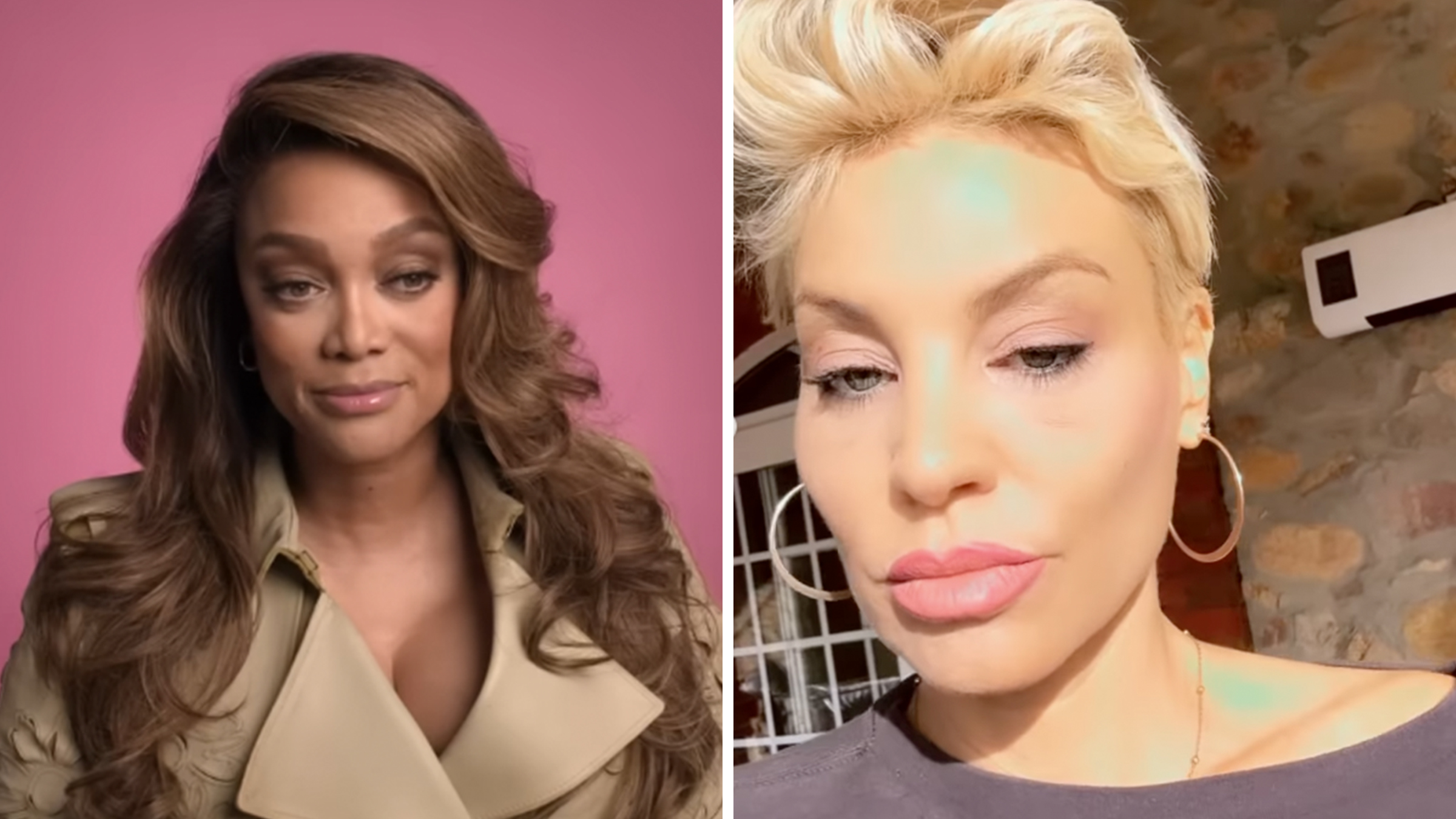 Left: Former supermodel and "America's Next Top Model" host Tyra Banks wearing a trench coat, against a pink background. Right: Former "America's Next Top Model" contestant Lisa D'Amato looking into the camera.