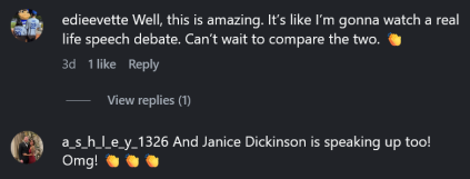 Comentários do Instagram incluindo uma leitura "Bem, isso é incrível. É como se eu fosse assistir a um debate de discurso na vida real. Mal posso esperar para comparar os dois."