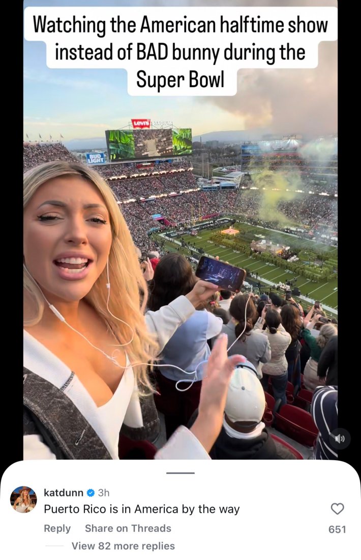 Screenshot from Instagram of Amanda Vance's video, with a comment reading, "Puerto Rico is in America by the way."