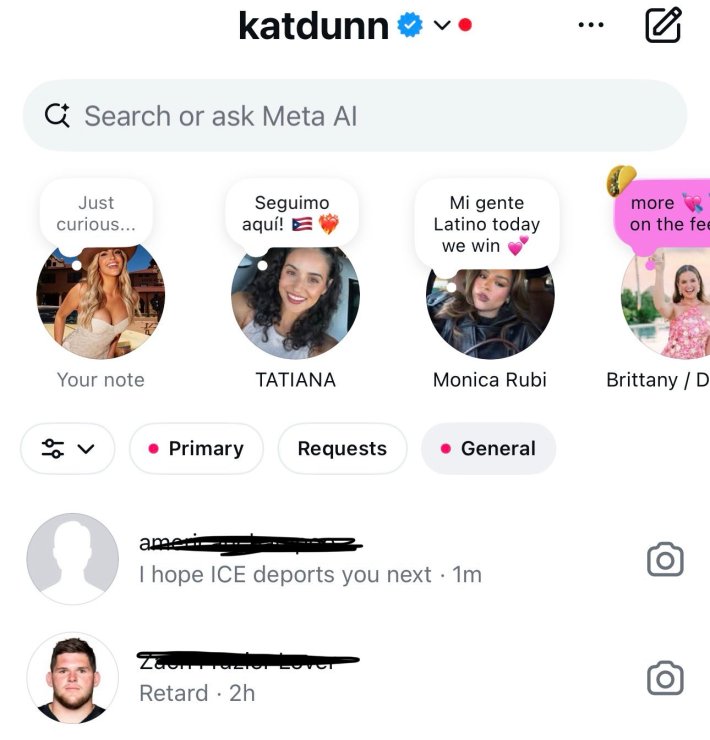 Screenshot of @katdunn's Instagram inbox with people messaging hoping she gets deported or calling her slurs.