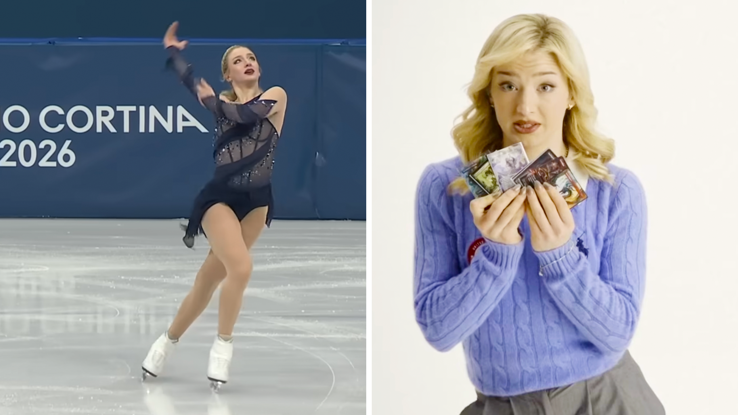 olympian Amber Glenn performing at the olympics and holding magic cards in the other
