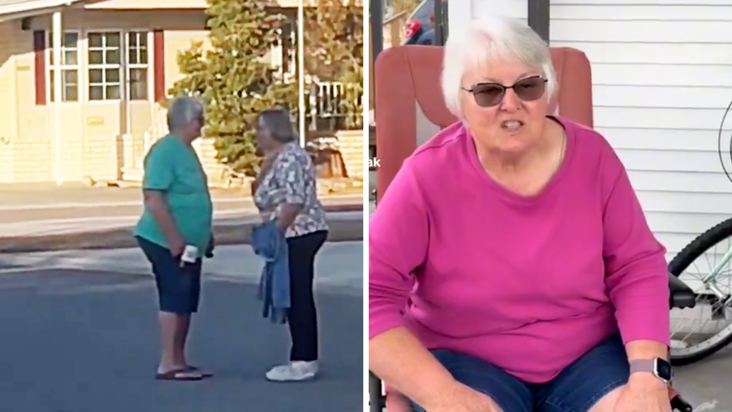 Left: Two older woman standing on the sidewalk in a confrontation. Right: Older woman in a magenta long-sleeve shirt sitting in a chair.