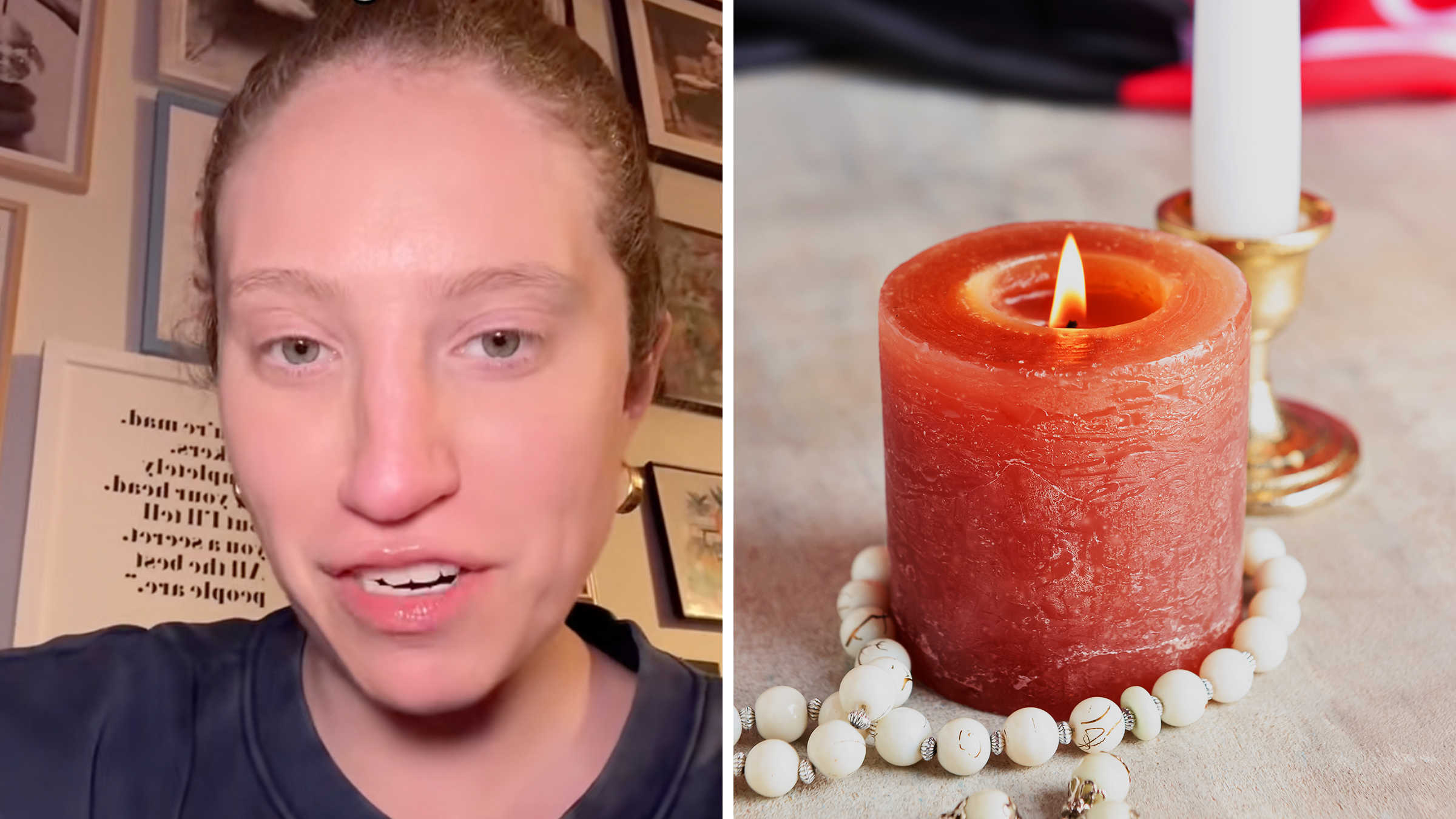 Left: Woman with her hair up looking into the camera. Right: Red/pink burning candle on a white table.