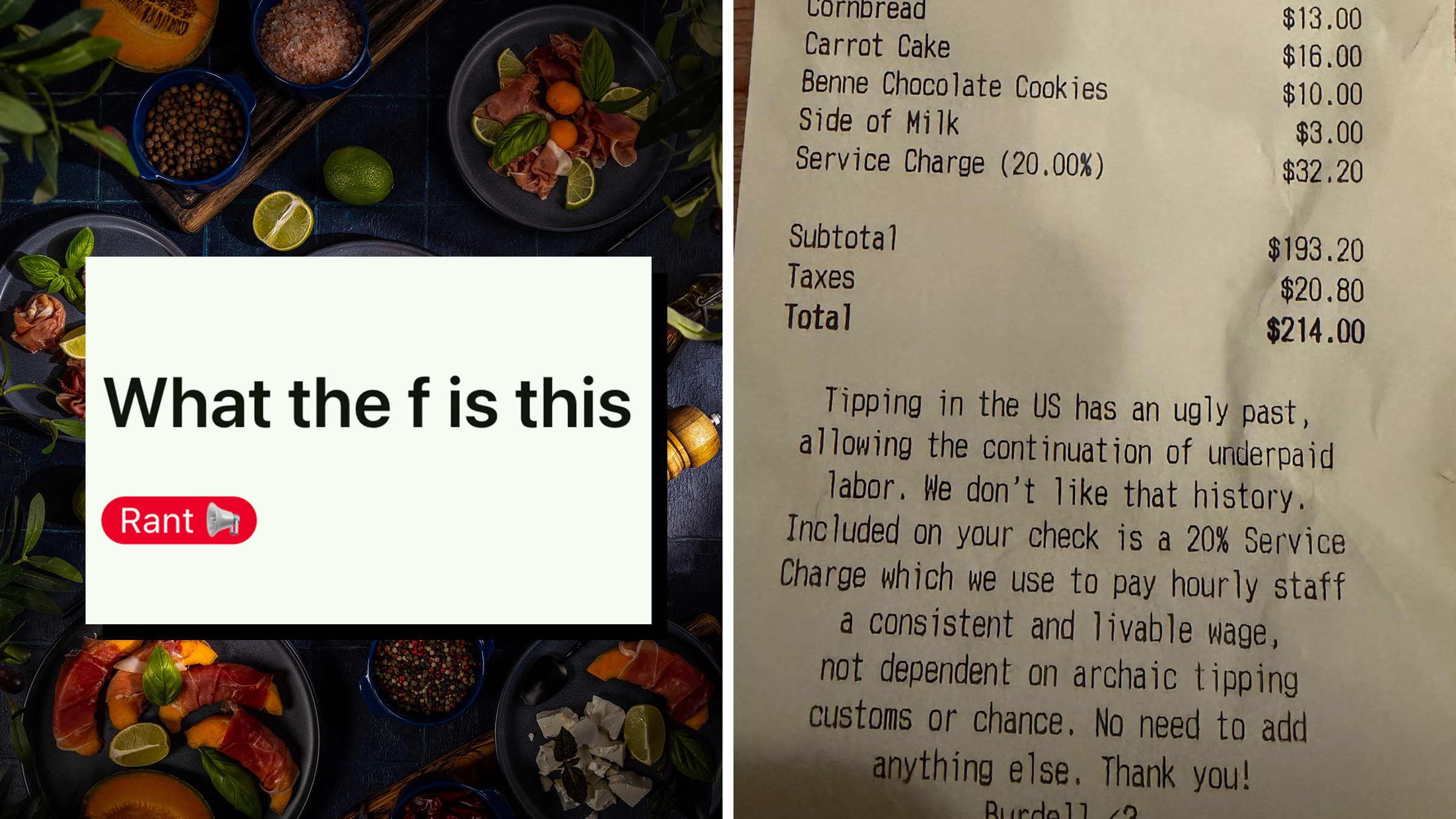 Left: Text from Reddit reading "What the f is this" on a background of Italian inspired dishes featuring fresh cantaloupe melon, savory prosciutto, creamy feta cheese, and fragrant basil, seen from bird's eye view perspective. Right: Restaurant receipt from Burdell in Oakland, California.