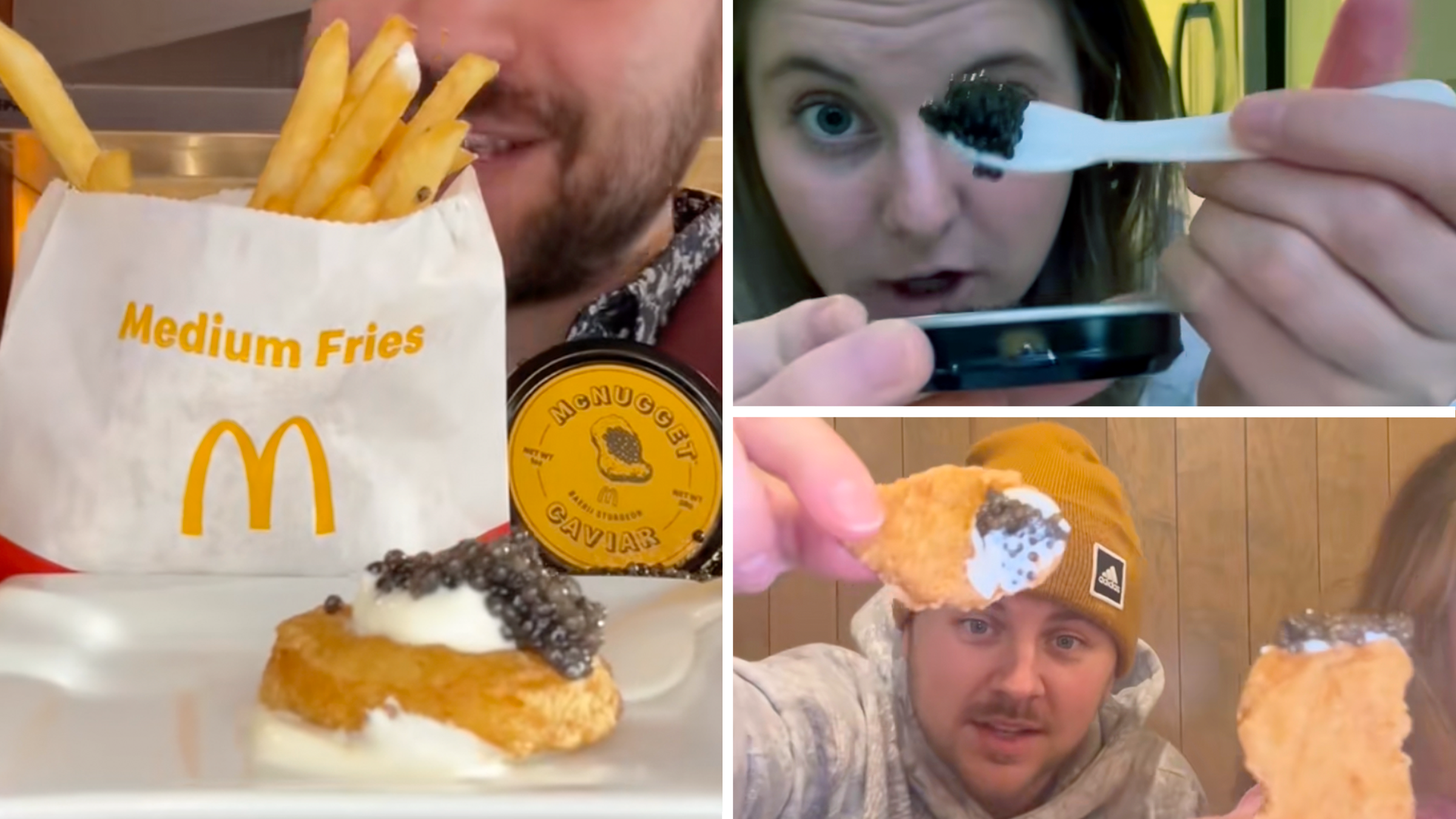 people trying mcdonalds caviar on chicken nuggets