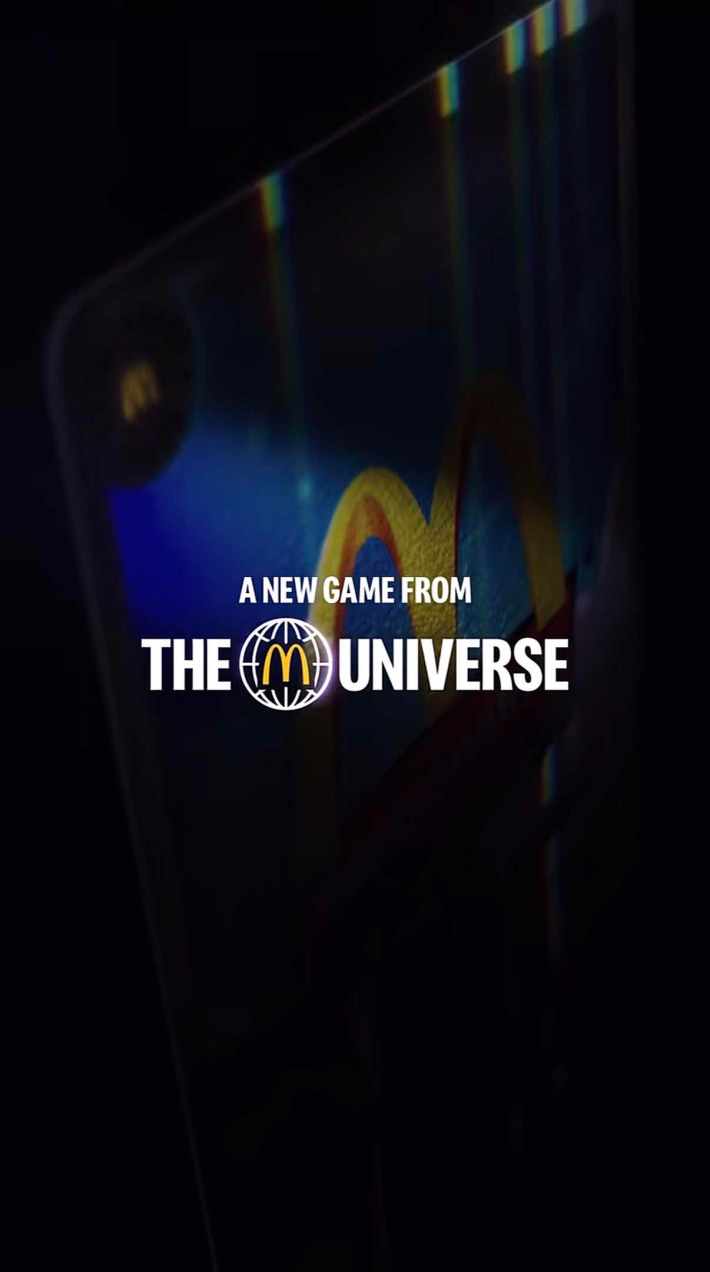 Cinematic footage of a chromatic McDonald's trading card against a black background. Text reads, "A new game from The M Universe."