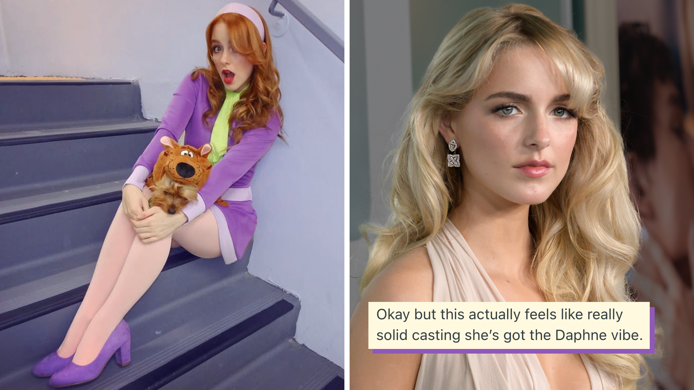 mckenna grace dressed as daphne vs on a red carpet