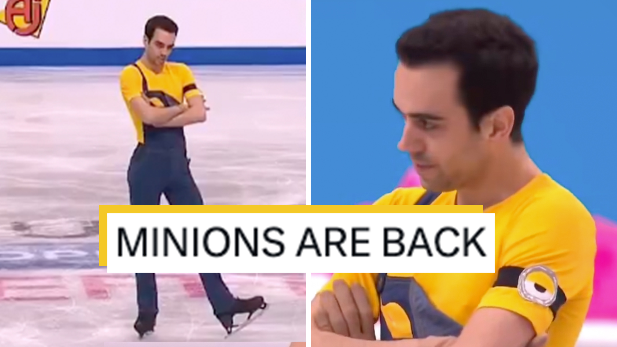 Olympic figure skater Tomas-Llorenc Guarino Sabaté on the ice, wearing a yellow shirt and blue bottoms, with his arms folded.