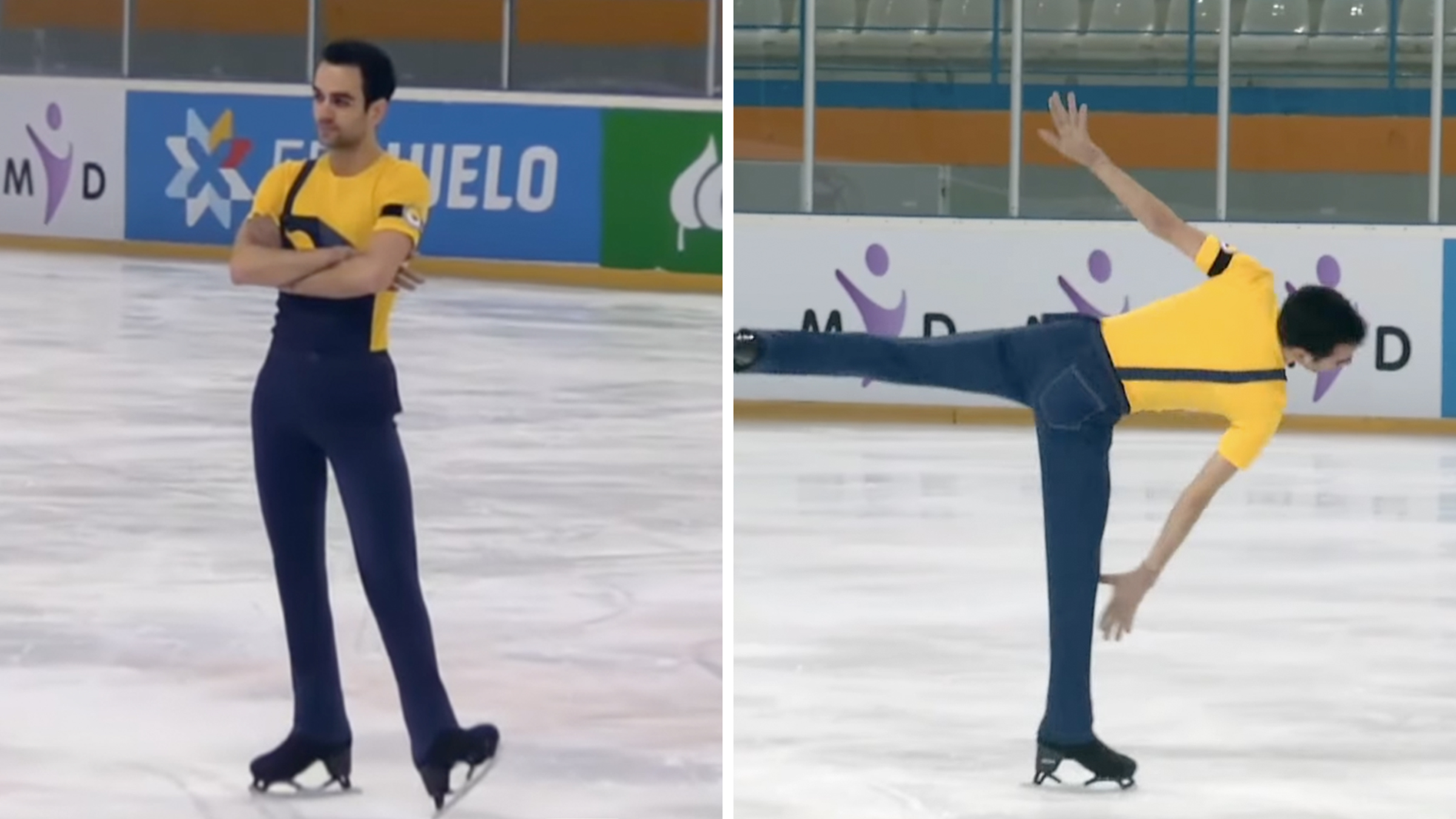 Spanish Olympic figure skater Tomas-Llorenc Guarino Sabaté in a "Minions"-themed outfit, including a yellow t-shirt and blue bottoms.
