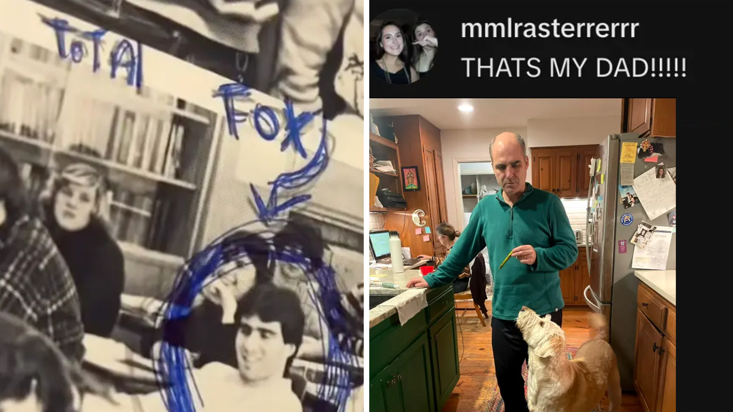 Left: 1982 yearbook photo of a male student, circled multiple times with a blue pen and the word "fox" with an arrow pointing to the photo. Right: TikTok comment reading, "That's my dad!!!!!!!!" above a photo of a man standing in a kitchen with a dog.