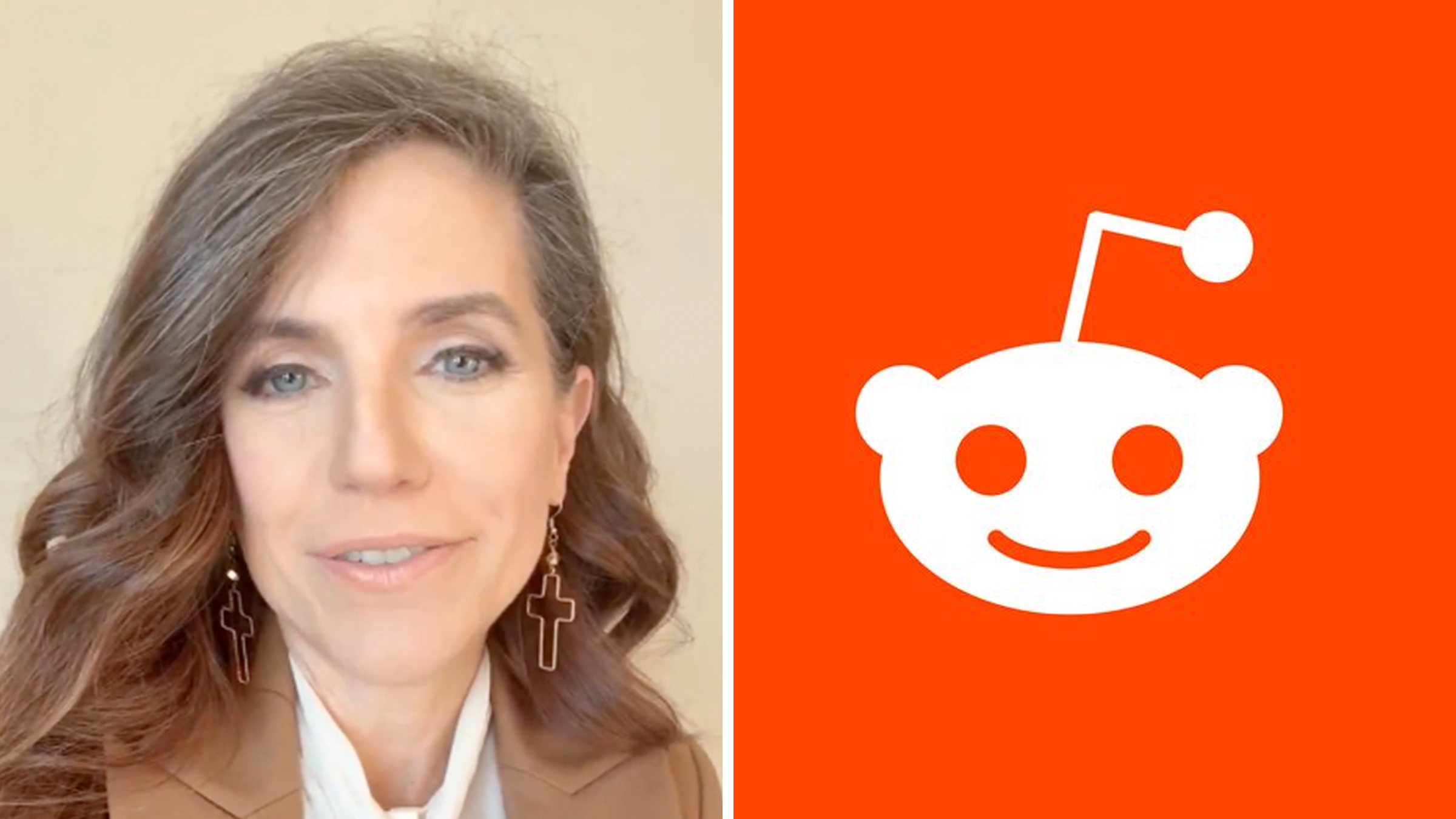 Left: Screenshot from selfie video from South Carolina Rep. Nancy Mace with her hair down and gold cross earrings looking into the camera. Right: Reddit app logo.