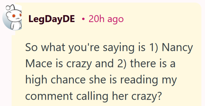 Reddit comment reading "So what you're saying is 1) Nancy Mace is crazy and 2) there is a high chance she is reading my comment calling her crazy?"