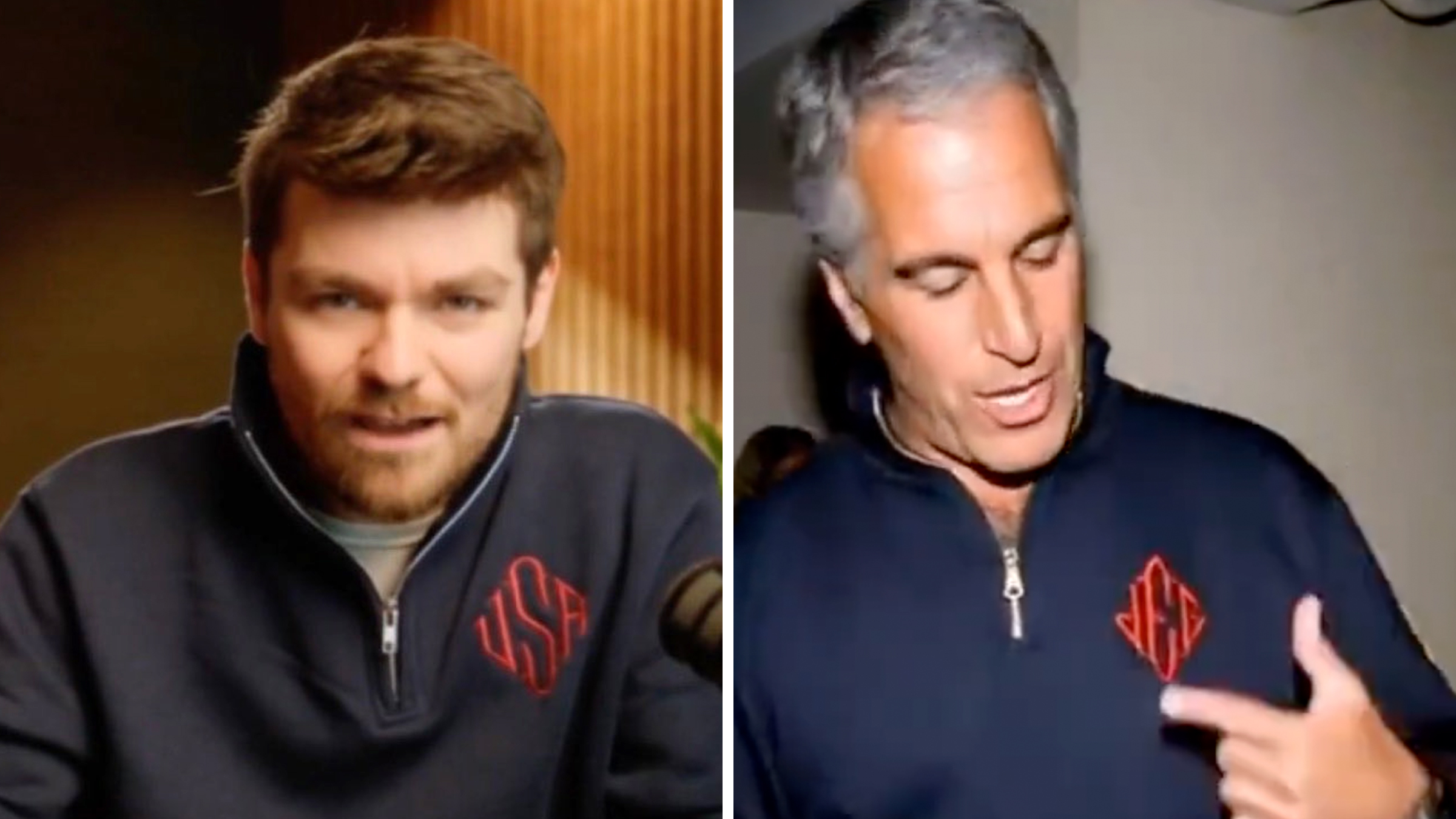 Left: Nick Fuentes wearing a quarter-zip sweater with "USA" initialed on the left breast, emulating Jeffrey Epstein's quarter-zip sweater. Right:Jeffrey Epstein pointing to his initials embroidered onto the navy quarter-zip sweater he is wearing.