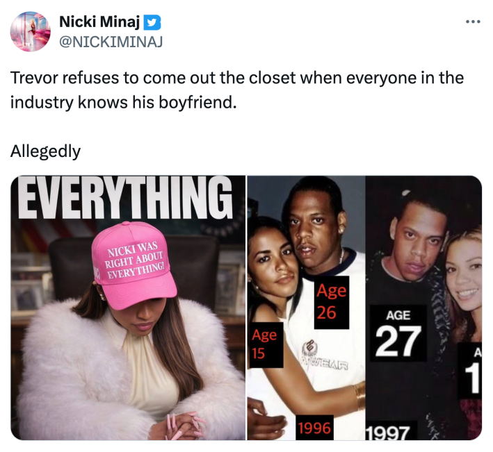 Tweet that reads, "Trevor refuses to come out the closet when everyone in the industry knows his boyfriend. Allegedly" with an AI generated image of Minaj in a pink hat that reads, "Nicki was right about everything."