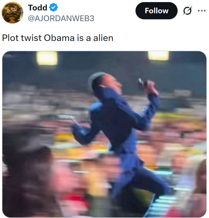 Tweet reading "Plot twist Obama is a alien" with a blurry image of someone running through a crowd.