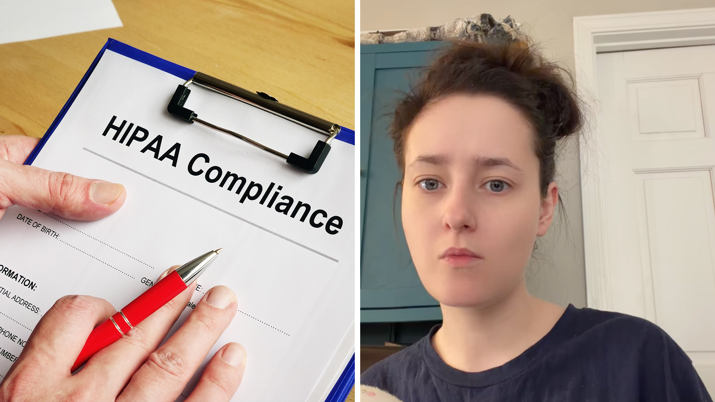 Left: Man's hand holding a pen and a clipboard with documents about "HIPAA Compliance." Right: Woman with her hair in a bun looking into the camera, consternated expression on her face.