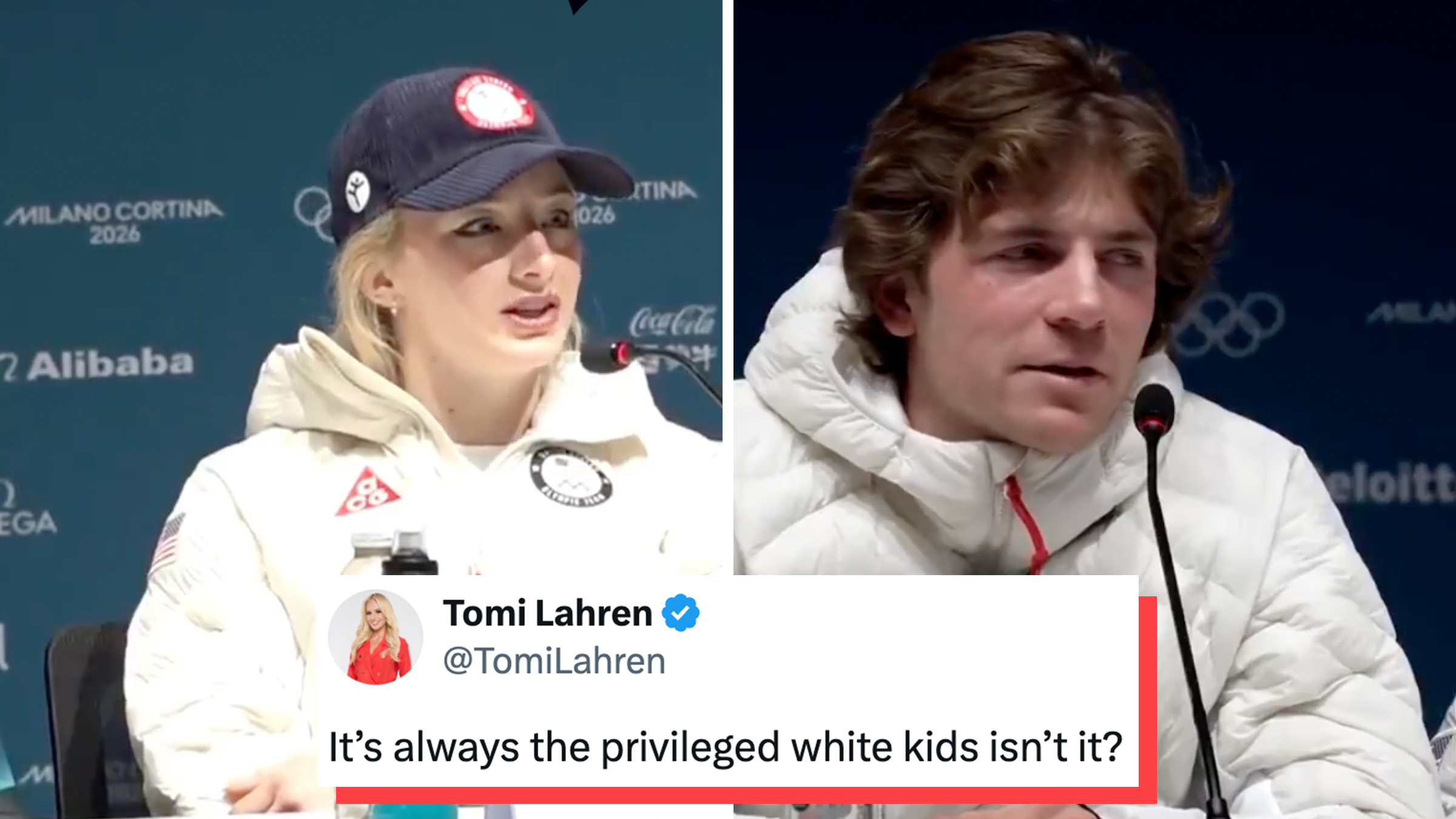 Left: U.S. Olympic figure skater Amber Glenn wearing a white hoodie and ballcap answering questions during a press conference. Right: U.S. Olympic freestyle skier Hunter Hess speaking into a microphone. Tweet text overlay from right-wing pundit Tomi Lahren reads, "It’s always the privileged white kids isn’t it?"