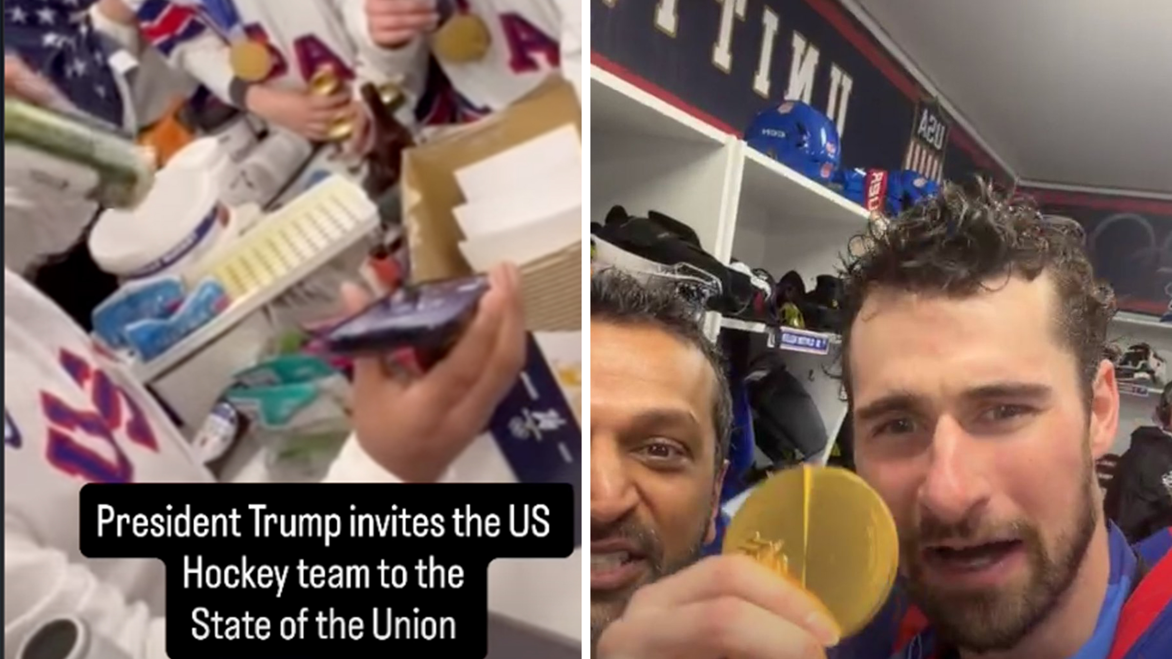 Left: Men's U.S. Oympic hockey team locker room, men celebrating their win, a hand seen holding a phone. Text overlay reads, "President Trump invites the US hockey team to the state of the union." Right: FBI director Kash Patel partying in the men's hockey team locker room after their Olympic gold win.
