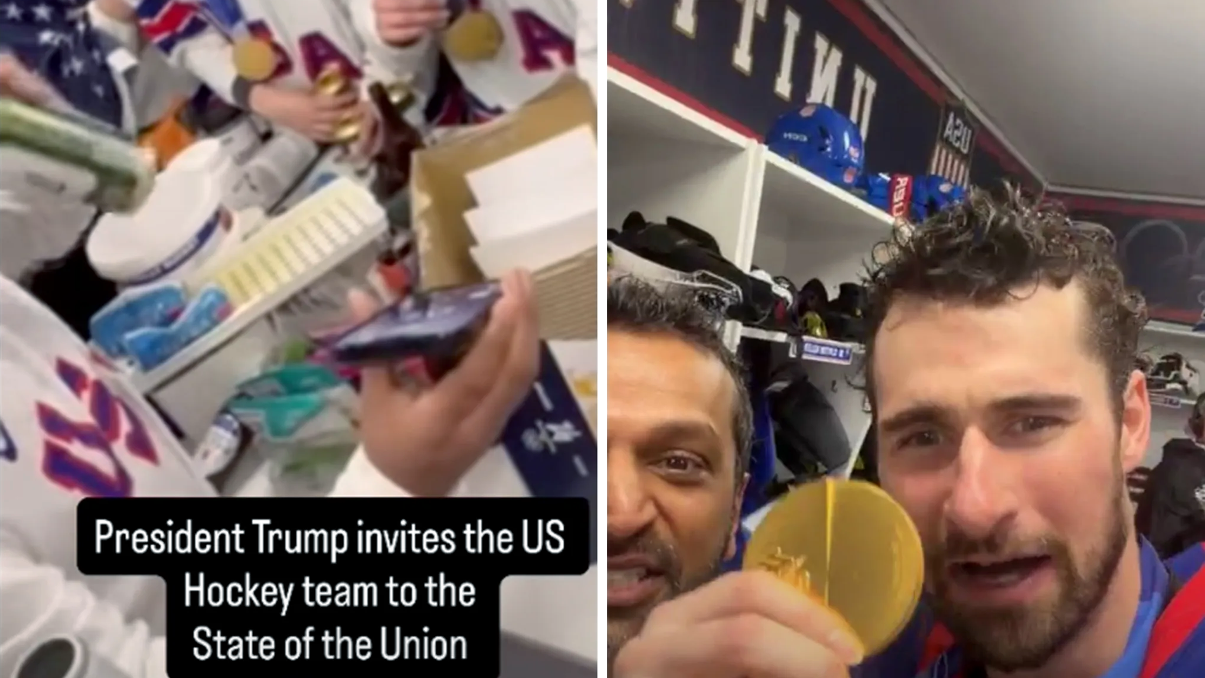 Left: Men's U.S. Oympic hockey team locker room, men celebrating their win, a hand seen holding a phone. Text overlay reads, "President Trump invites the US hockey team to the state of the union." Right: FBI director Kash Patel partying in the men's hockey team locker room after their Olympic gold win.