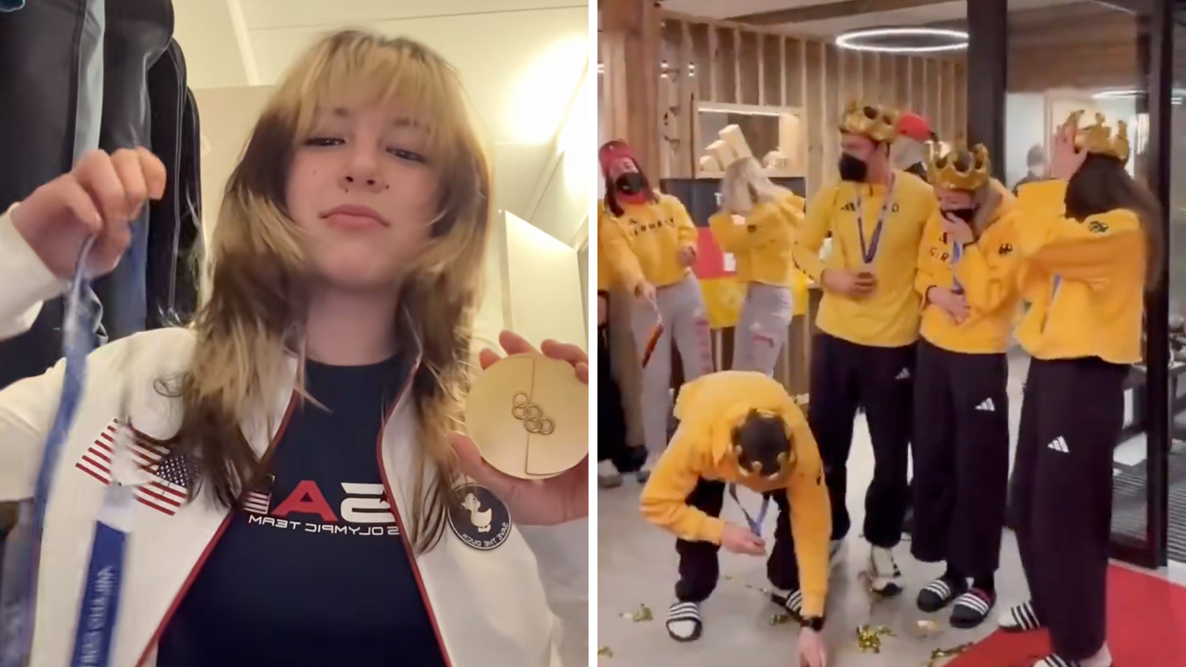Left: U.S. Olympic figure skater Alysa Liu holding up her gold medal in one hand, and the lanyard it was attached to before it broke in the other. Right: German biathlete Justus Strelow surrounded by teammates, bent over picking up his broken Olympic medal from the floor.