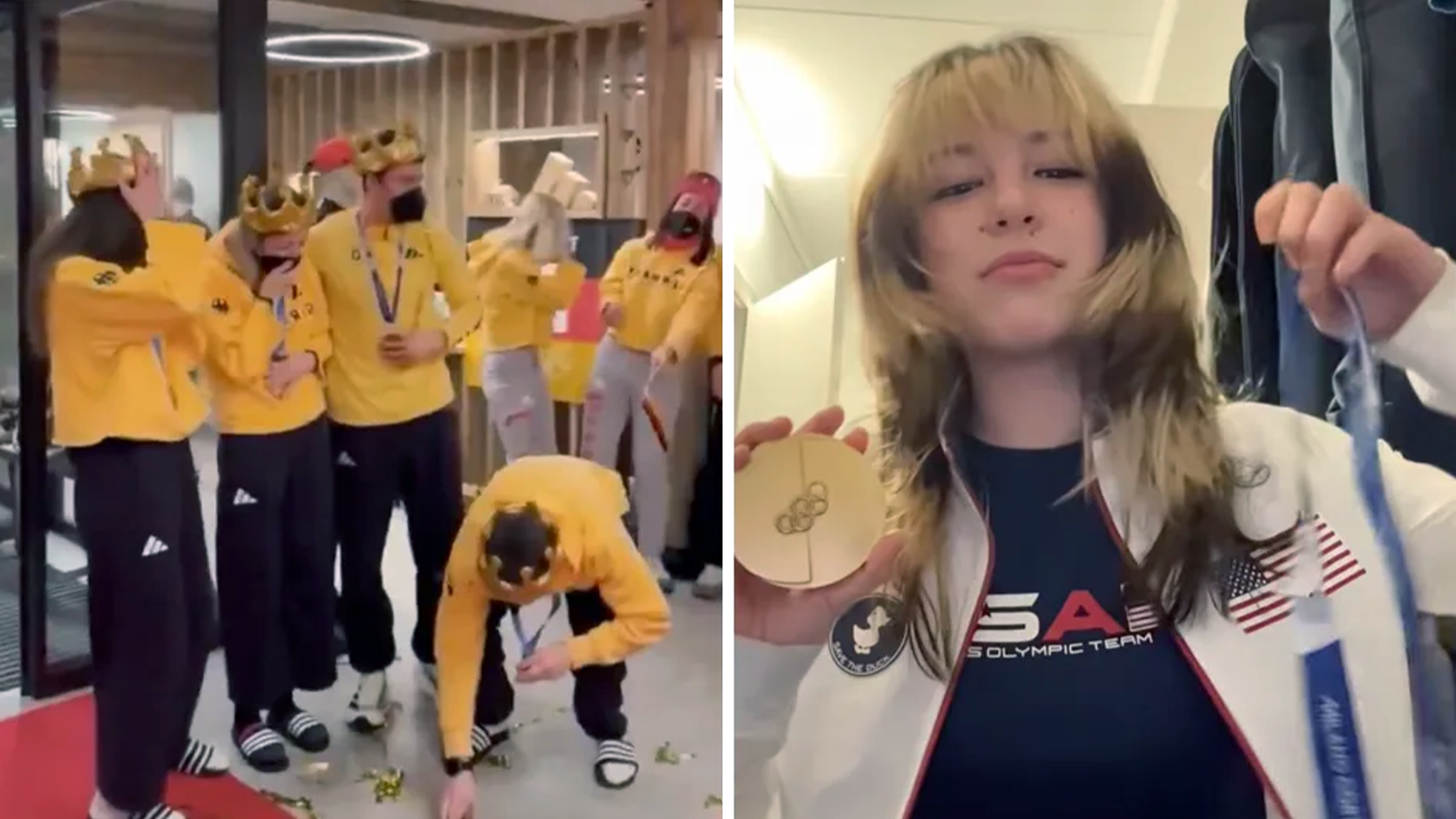 Left: U.S. Olympic figure skater Alysa Liu holding up her gold medal in one hand, and the lanyard it was attached to before it broke in the other. Right: German biathlete Justus Strelow surrounded by teammates, bent over picking up his broken Olympic medal from the floor.