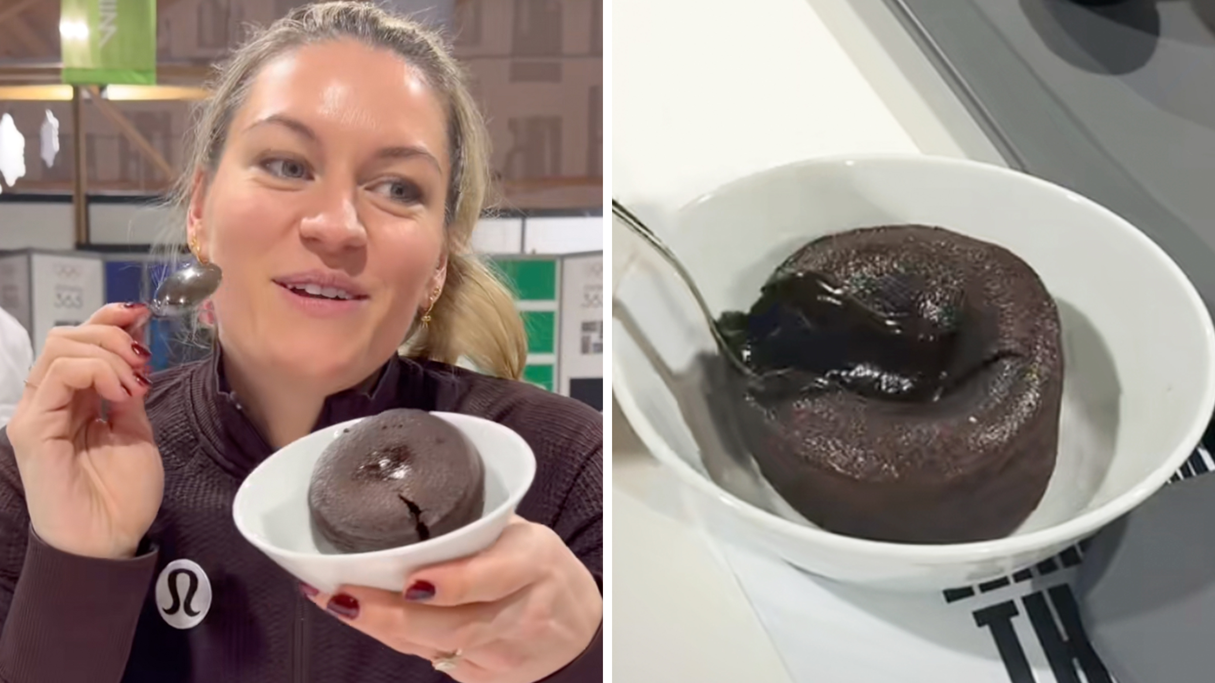 Left: Canadian Olympic Ice Hockey player Natalie Spooner holding a molten chocolate lava cake dessert in one hand and a spoon in the other while sitting at the Olympic village. Right: Chocolate lava cake