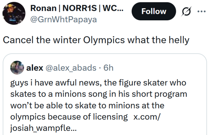Tweet reading "Cancel the winter Olympics what the helly"