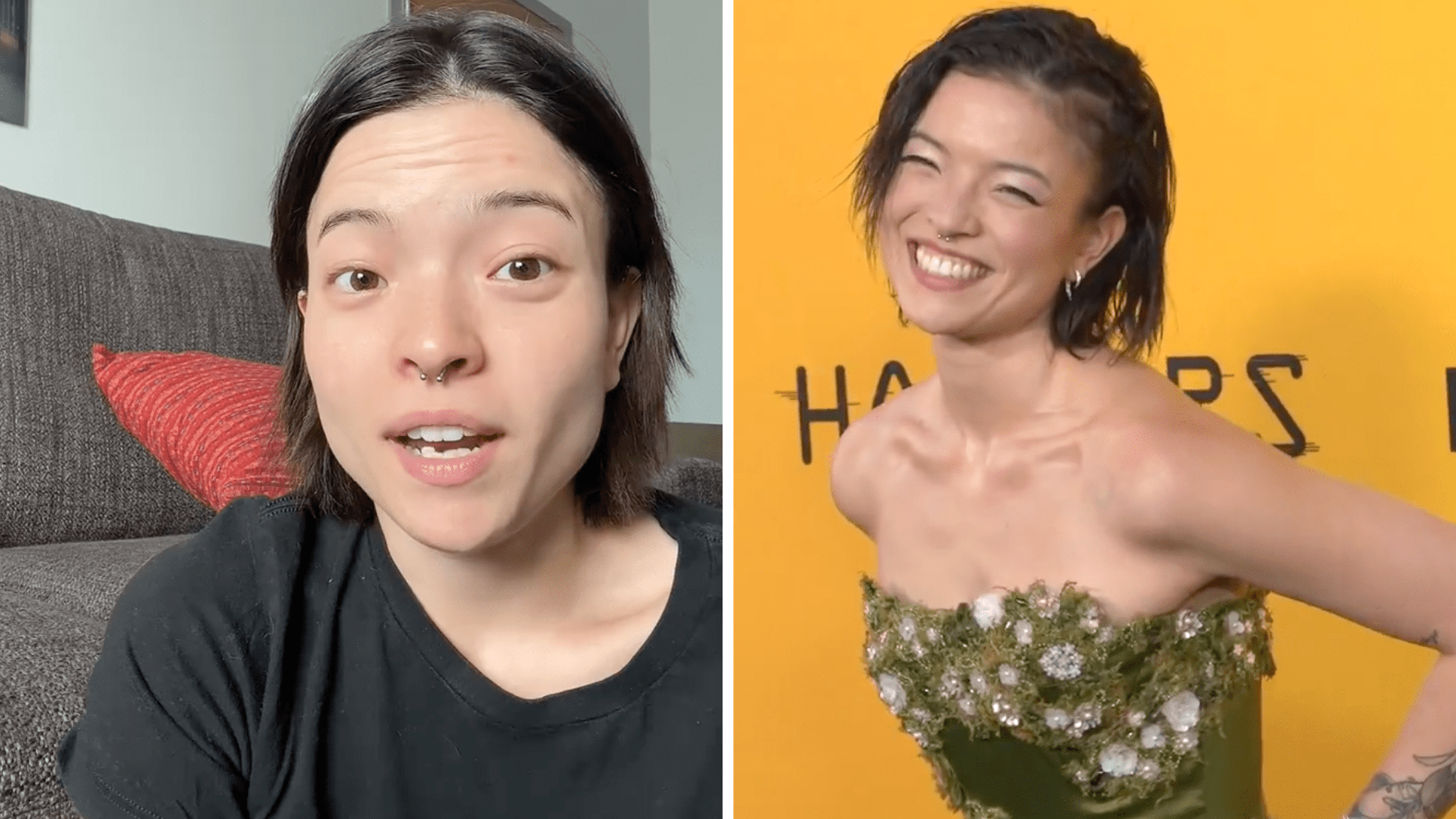 Piper Curda speaking to camera and posing on the red carpet