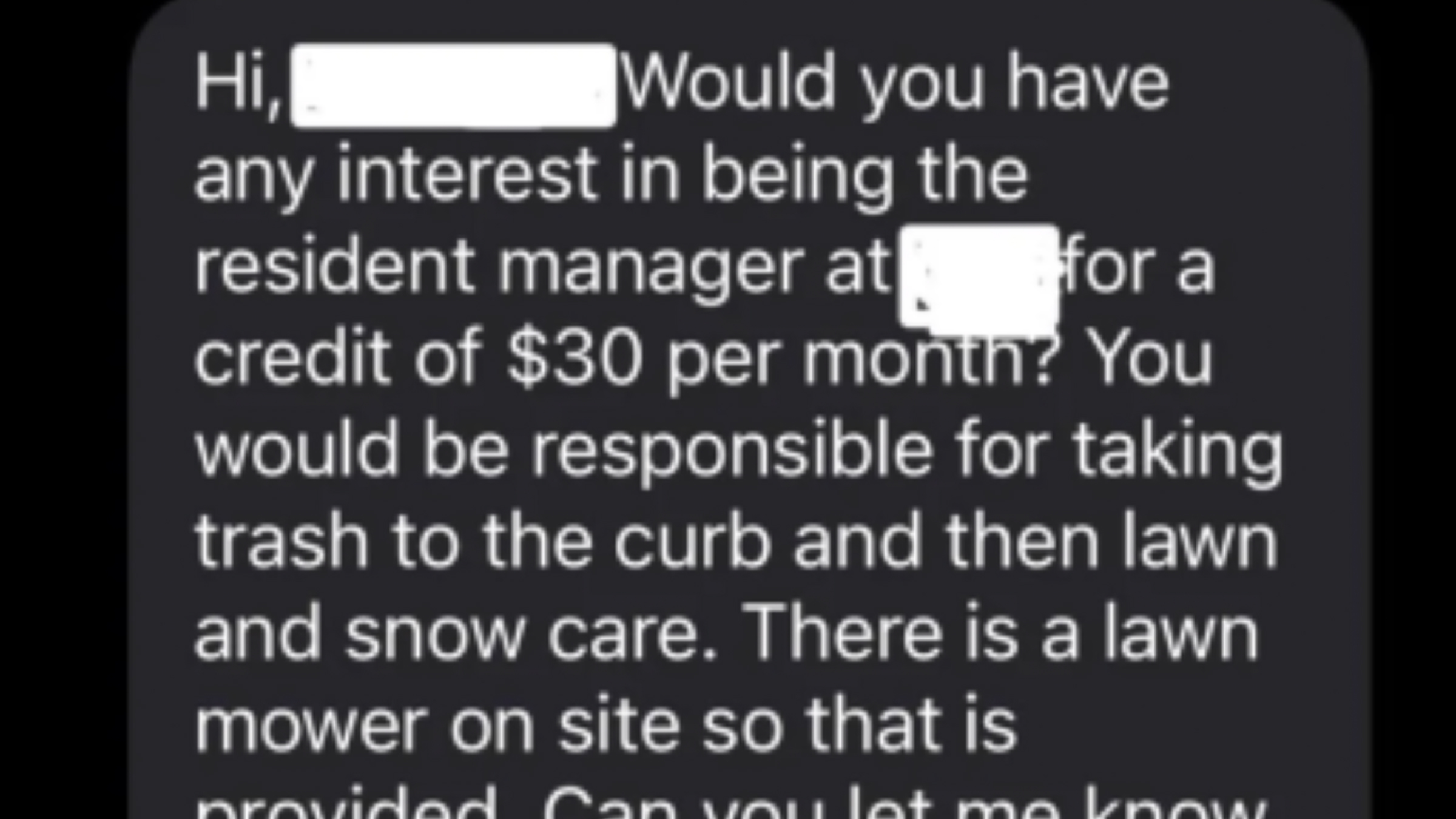 A photo of a text from the OP's landlord, asking him to do a bunch of things for 30 dollars off of rent