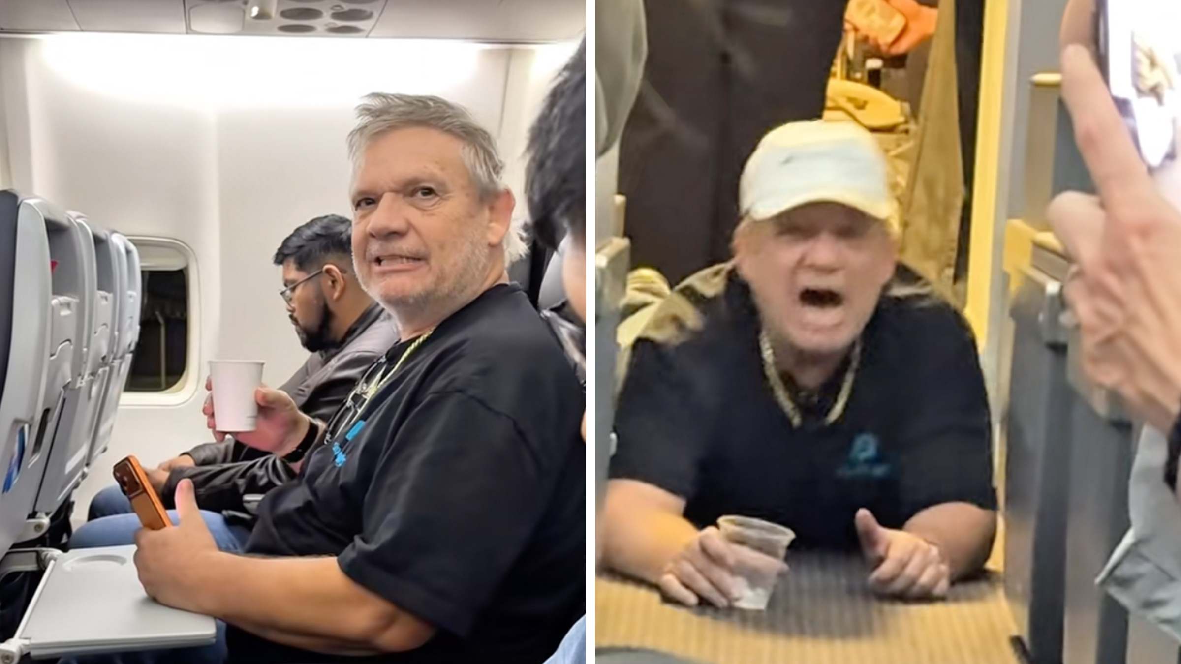 Left: Middle-aged man sitting in the aisle seat of a Boeing 747, staring at whoever is filming him on their phone. Right: Man in a white cap with a drink in hand laying in the aisle of an American Airlines plane.