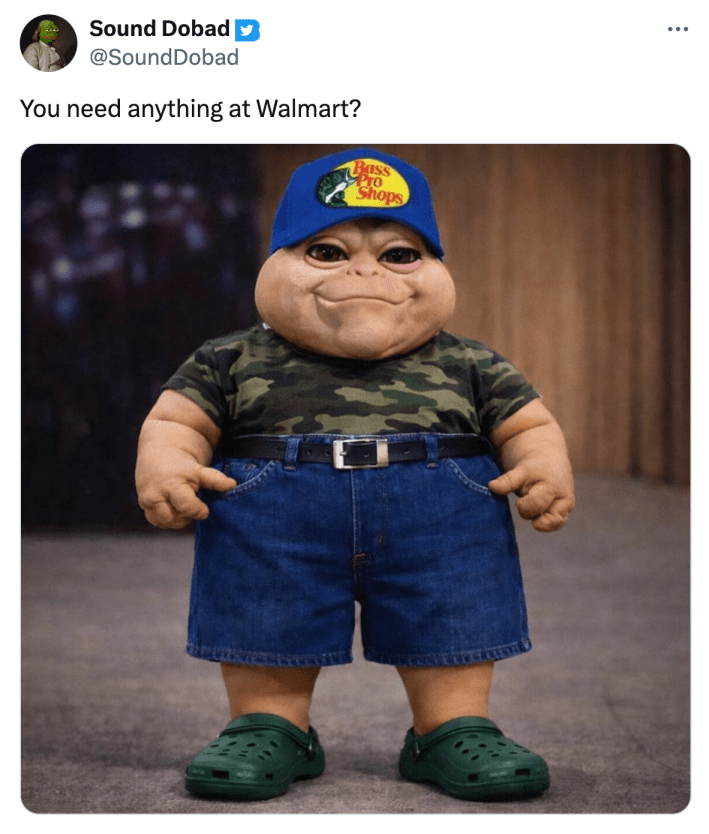 Redneck Baby Sinclair meme that reads, "You need anything at Walmart?"