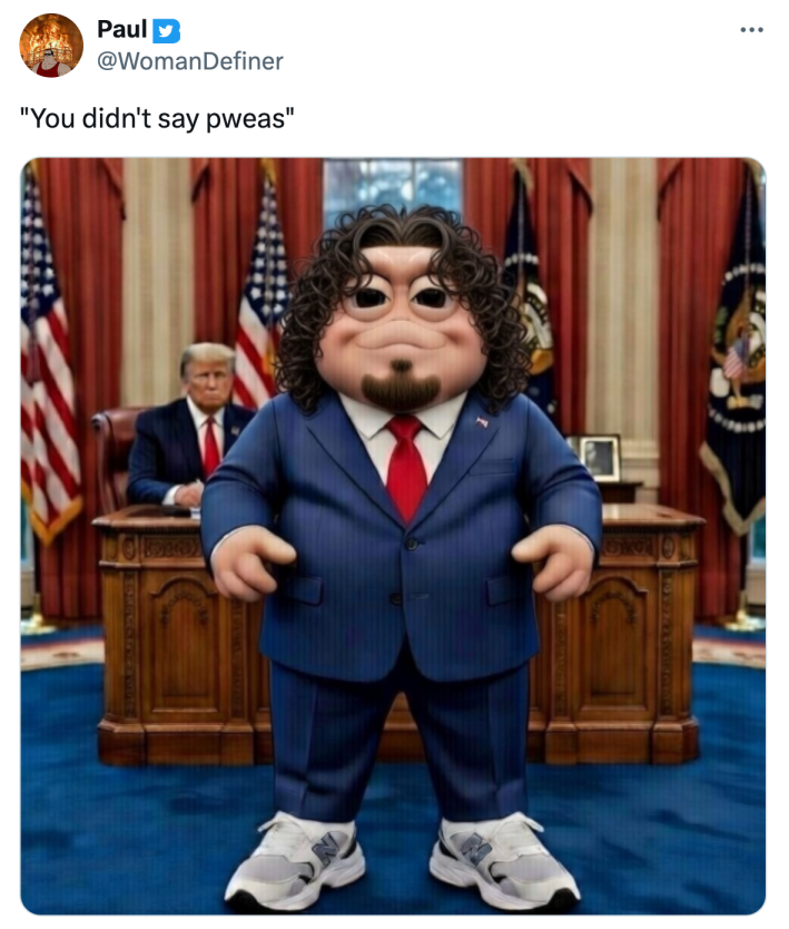 Redneck Baby Sinclair meme, with Baby Sinclair dressed as curly haired JD Vance in front of Trump in the Oval Office, that reads, "You didn't say pweas"