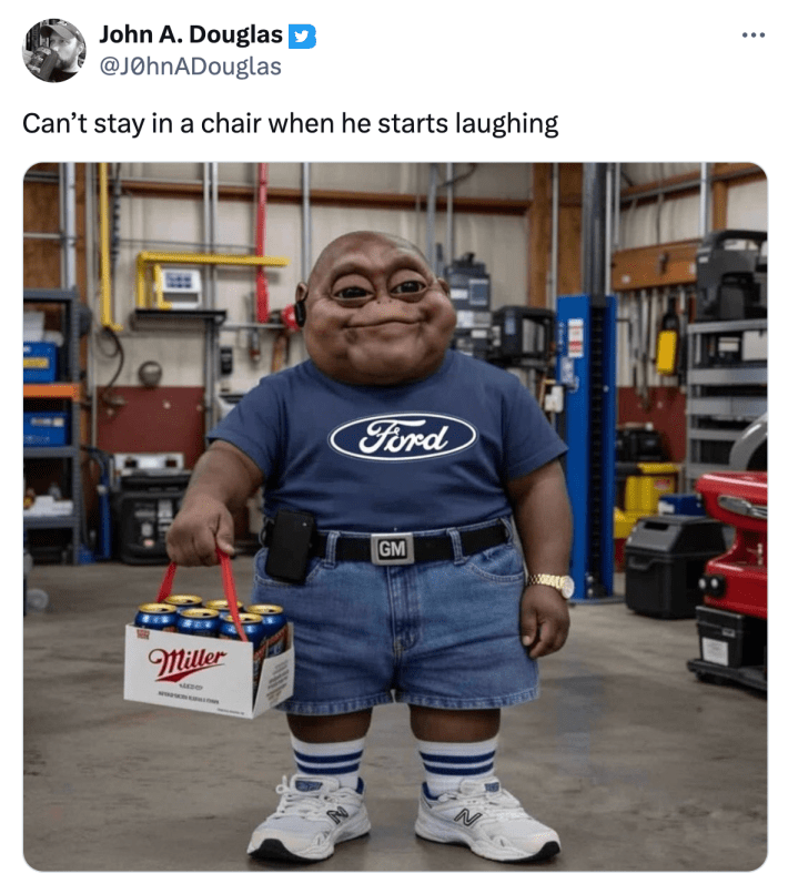 Redneck Baby Sinclair meme that reads, "Can’t stay in a chair when he starts laughing"