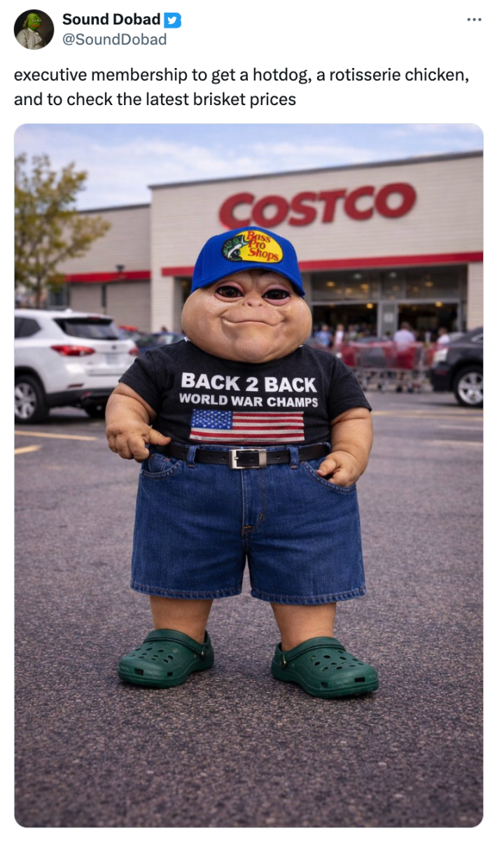 Redneck Baby Sinclair meme that reads, "executive membership to get a hotdog, a rotisserie chicken, and to check the latest brisket prices"