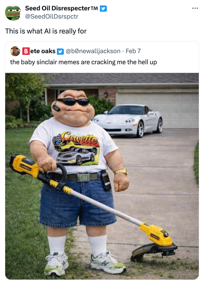 Redneck Baby Sinclair meme response that reads, "This is what AI is really for"