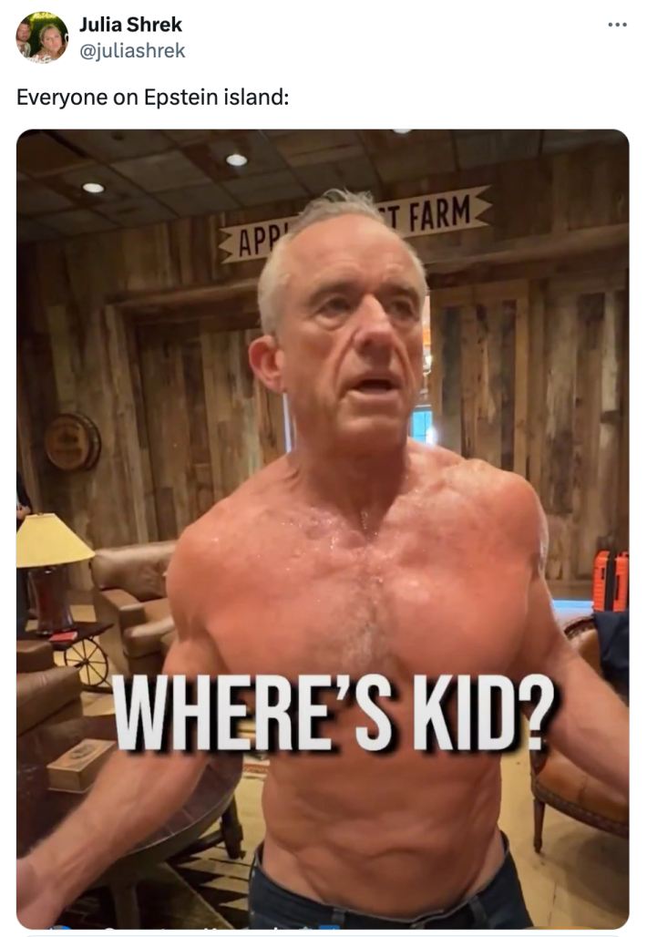 Tweet that reads, "Everyone on Epstein island:" with a clip from the RFK Jr Kid Rock video where Kennedy, shirtless, is asking, "Where's Kid?"