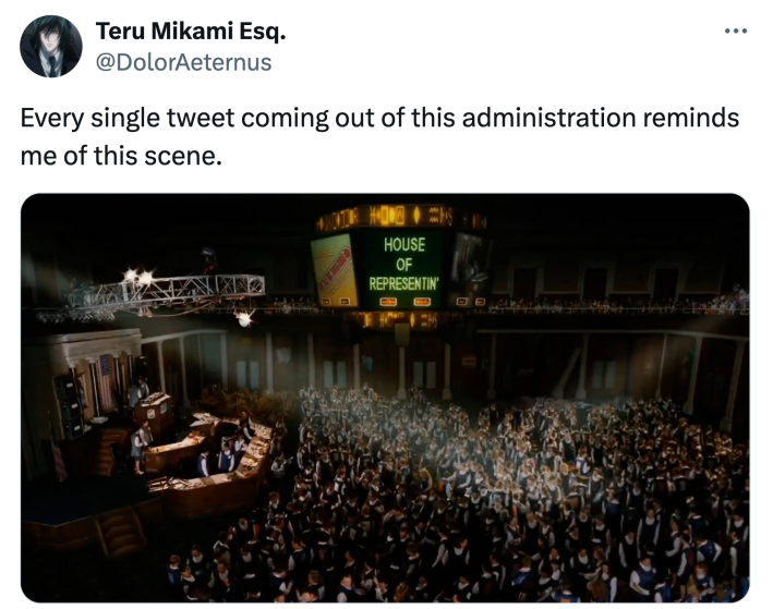 Tweet that reads, "Every single tweet coming out of this administration reminds me of this scene." with a video clip from "Idiocracy."