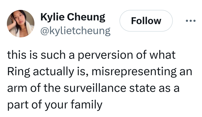 Tweet that reads, "this is such a perversion of what Ring actually is, misrepresenting an arm of the surveillance state as a part of your family"