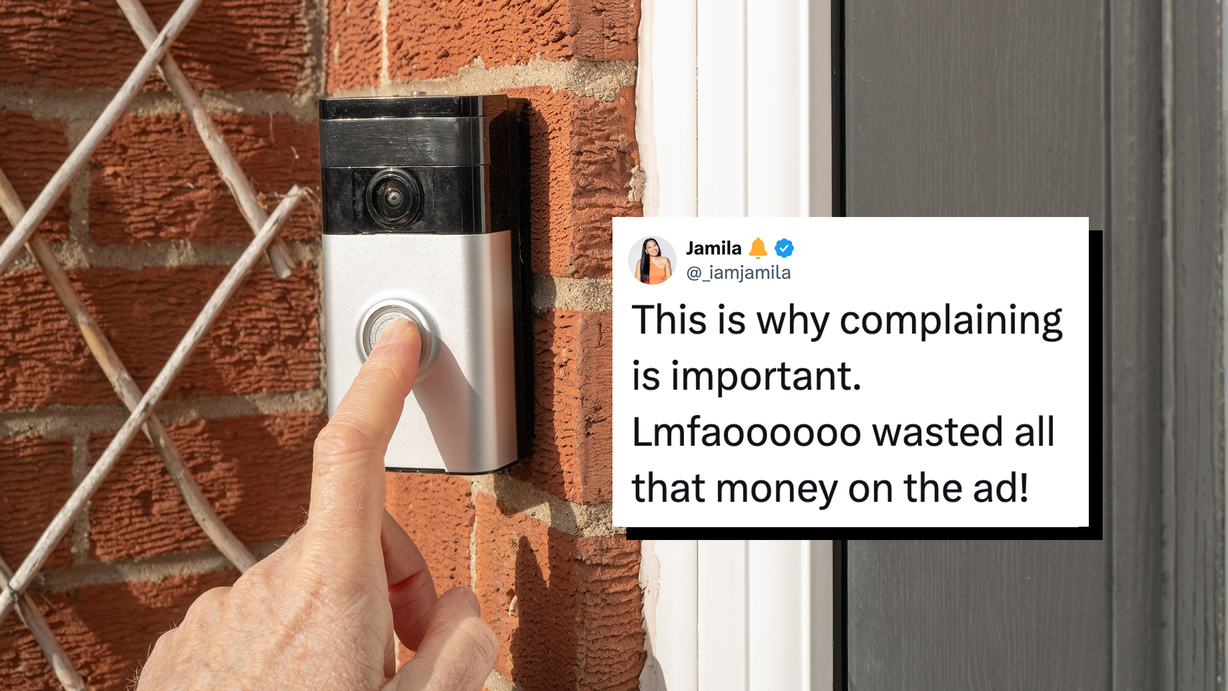 Man's hand pressing an Amazon Ring camera outside the front door of a brick building. Tweet text overlay reads, "This is why complaining is important. Lmfaoooooo wasted all that money on the ad!"