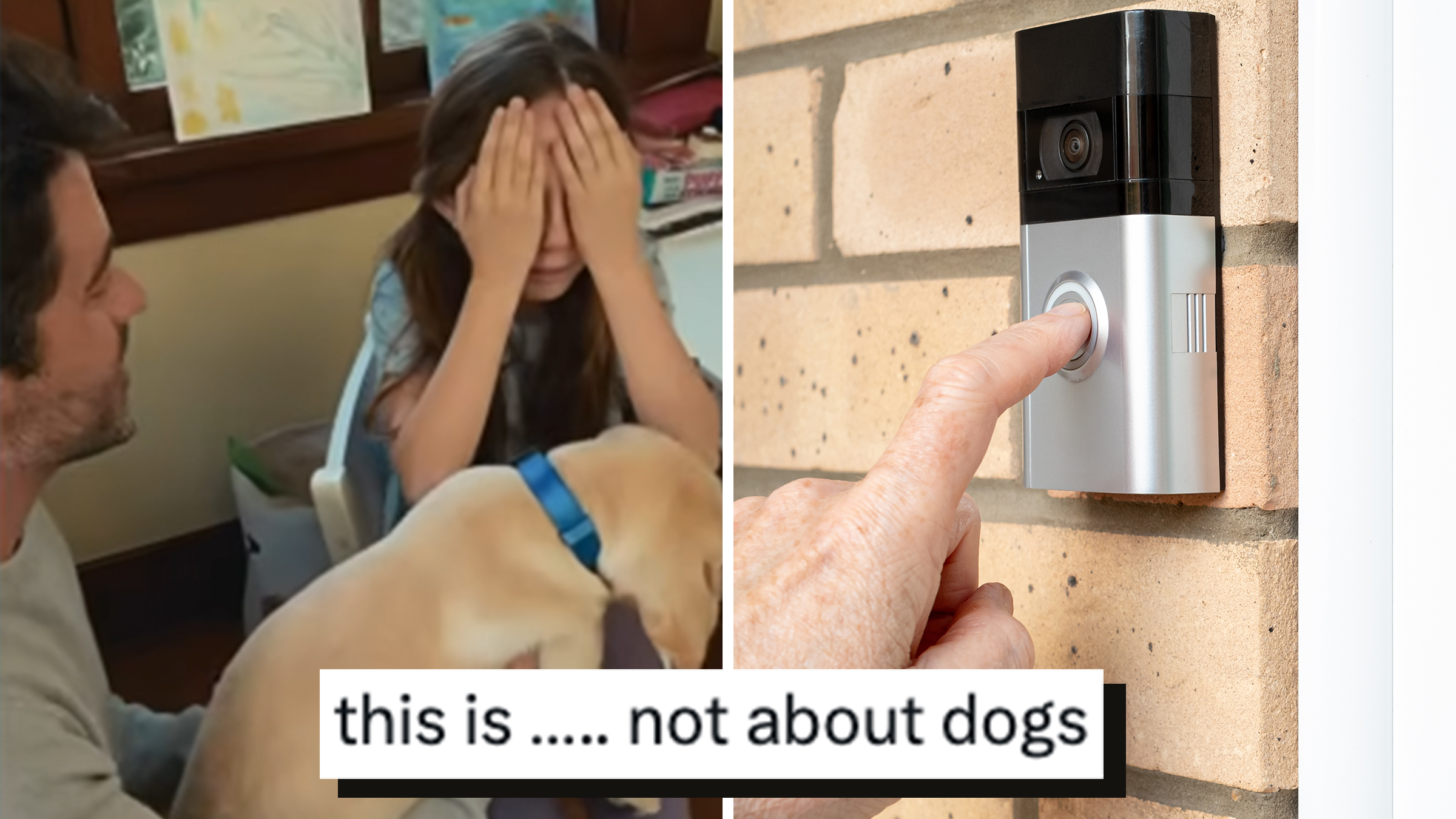 Left: Screenshot from Amazon Ring Super Bowl 2026 ad showing a man giving a child a yellow lab puppy, she's got her hands over her eyes. Right: Hand pressing the button on a Ring camera outside of a brick home. Tweet text overlay reads, "this is ….. not about dogs."