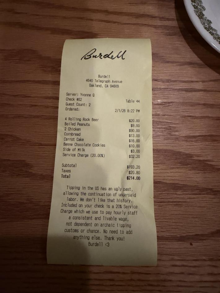 u/Bulgingpants via Reddit receipt from Burdell including 20% service charge