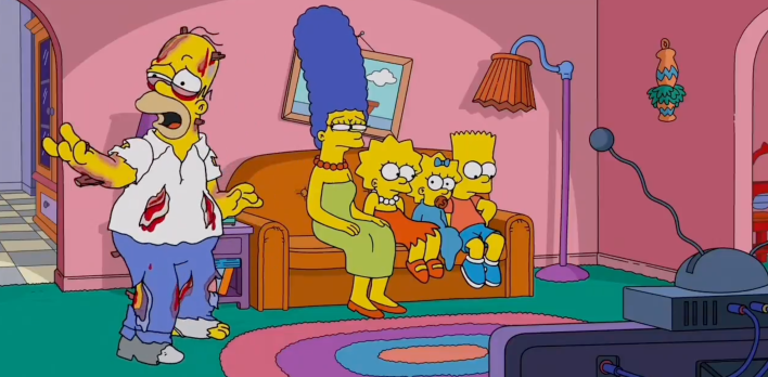 Simspons couch gag from 800th episode - bloody homer talking to family as they sit on the couch