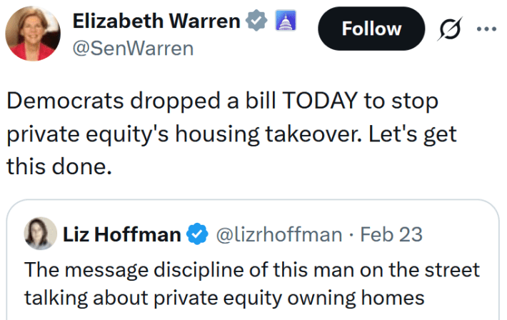 Elizabeth Warren tweet reading "Democrats dropped a bill TODAY to stop private equity's housing takeover. Let's get this done."
