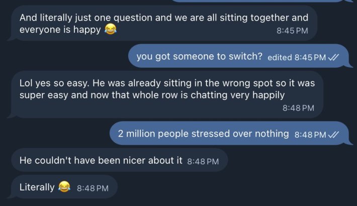 Text messages about switching seats on a flight.