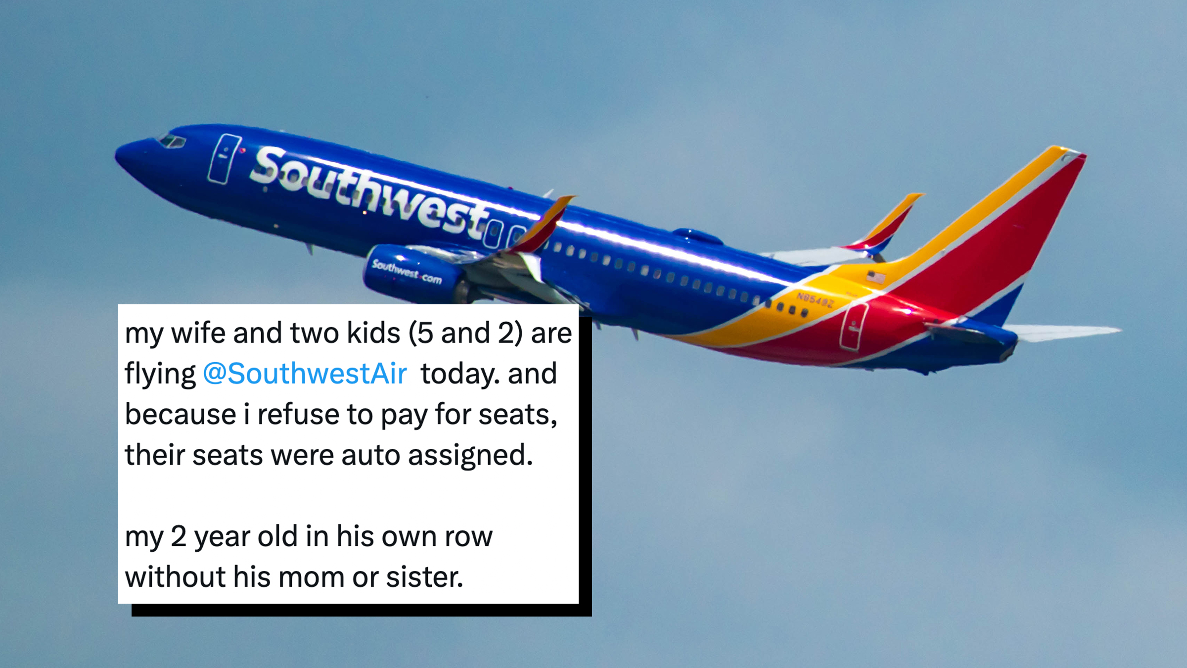 Background: Southwest Airlines airplane departing from Orlando International Airport against a blue sky. Tweet overlay reads, "my wife and two kids (5 and 2) are flying @SouthwestAir today. and because i refuse to pay for seats, their seats were auto assigned. my 2 year old in his own row without his mom or sister."