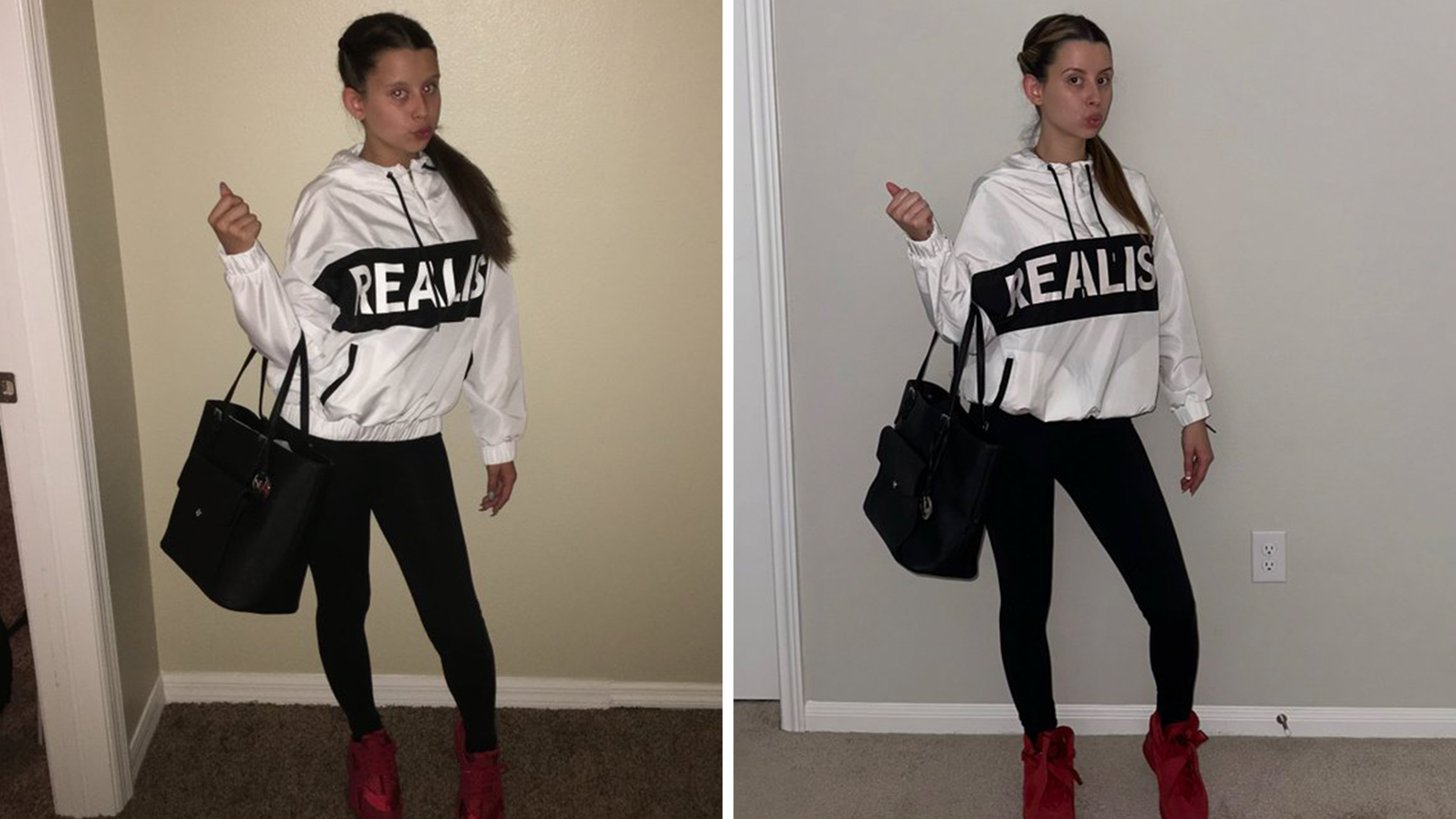 Left: "Stan Twitter Meme Girl" Arii in 2016 wearing white "realist" hoodie, red shoes, and Michael Kors purse. Right: "Stan Twitter Meme Girl" Arii 10 years later (2026) wearing the same white "realist" hoodie, red shoes, and Michael Kors purse.