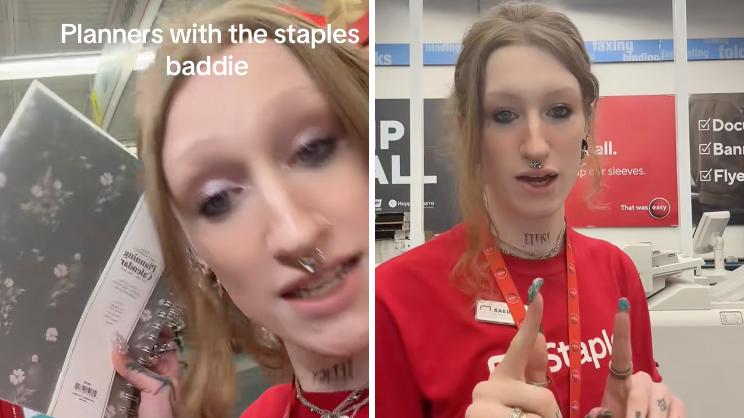 Staples employee dubbed the "Staples baddie" working in a Staples store, holding up a planner with text overlay reading, "Planners with the Staples baddie."