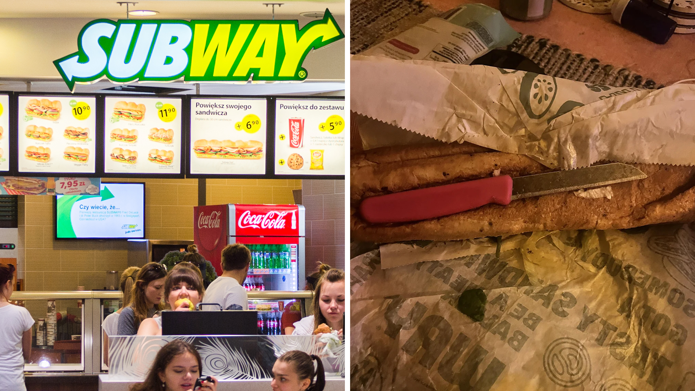 Left: Subway restaurant inside of a mall food court. Right: Unwrapped footlong sandwich from Subway with a red knife embedded into the bottom of it.