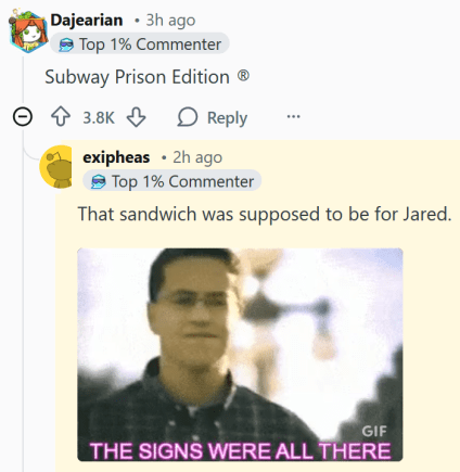 Leitura de comentários do Reddit "Edição Prisão Subway®" e "Esse sanduíche deveria ser para Jared."
