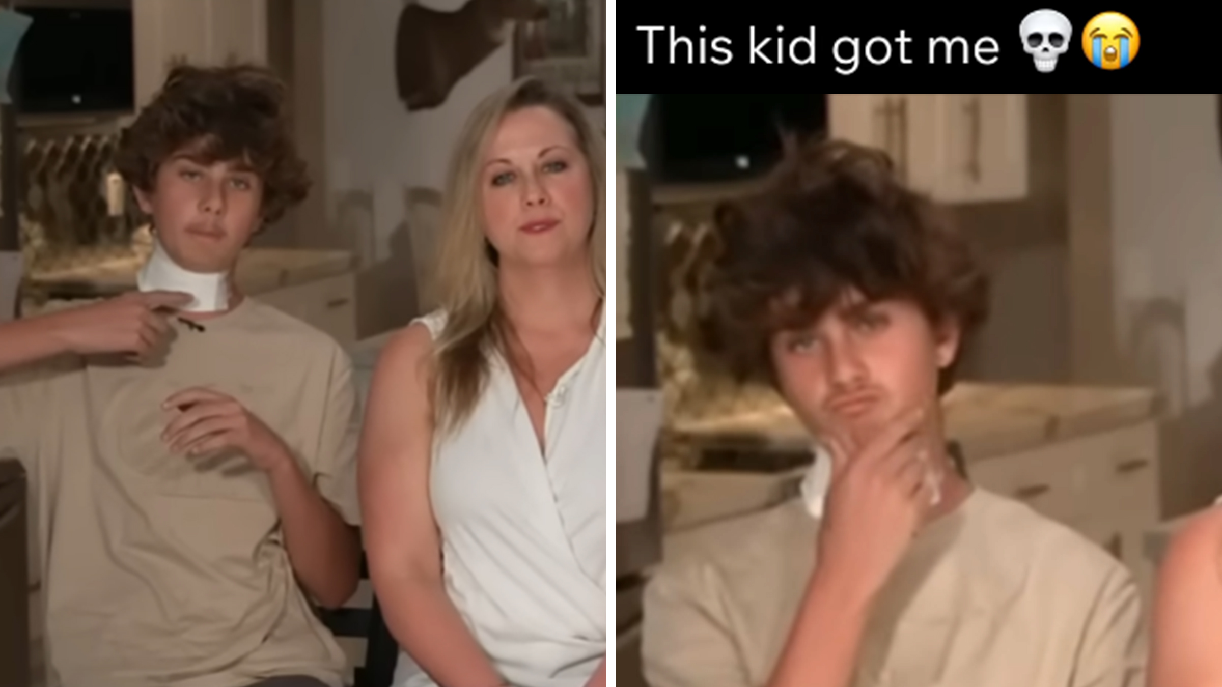13-year-old boy Sullivan Clarke during an interview appaerance on Fox News "The Ingraham Angle" sitting next to his mother, a blonde woman in a white sleeveless top.